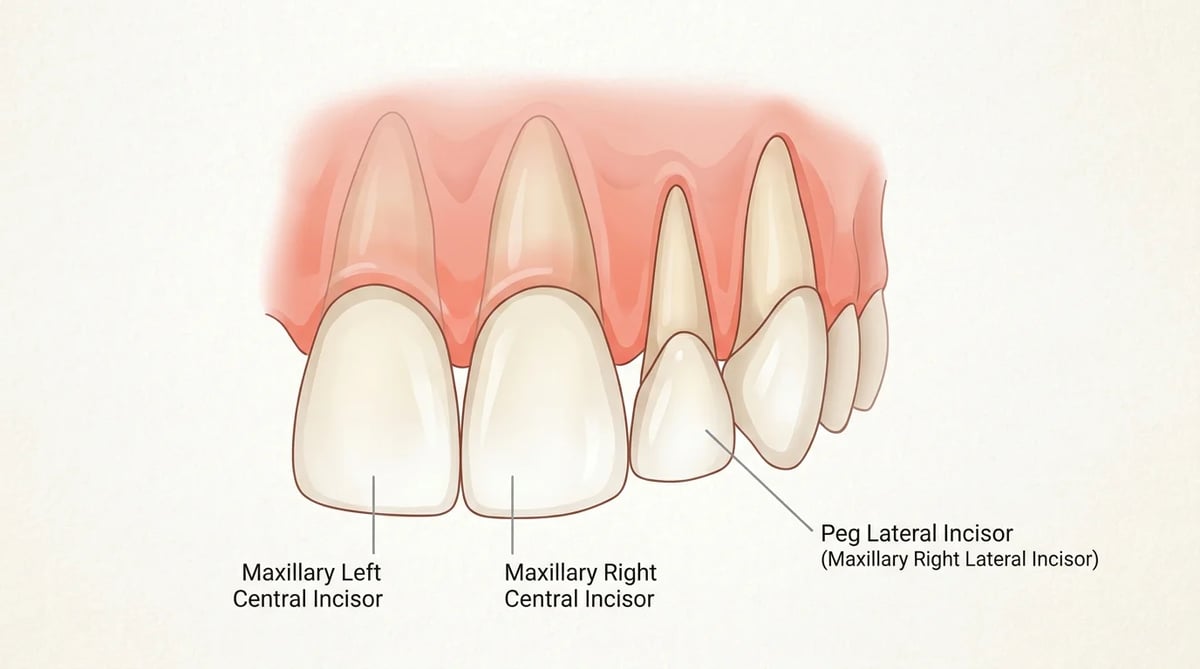 왜소치(Peg Lateral) 특징을 보여주는 상악 측절치 해부학적 도식