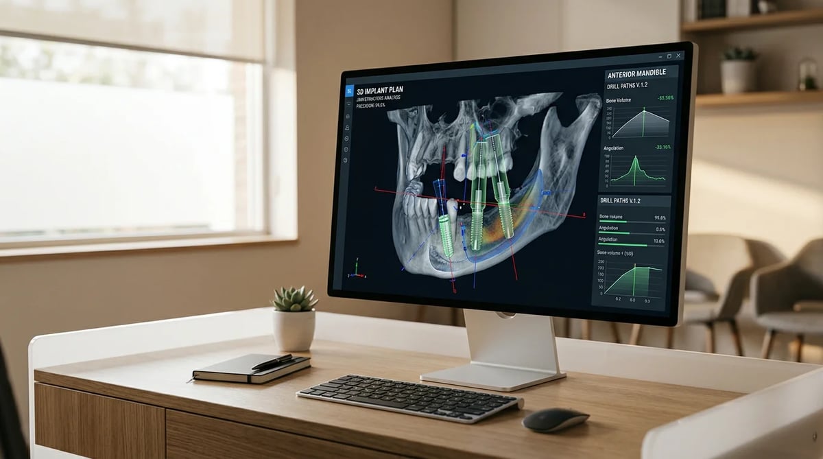 3D CT 스캔 데이터와 임플란트 식립 가이드를 보여주는 컴퓨터 화면 이미지