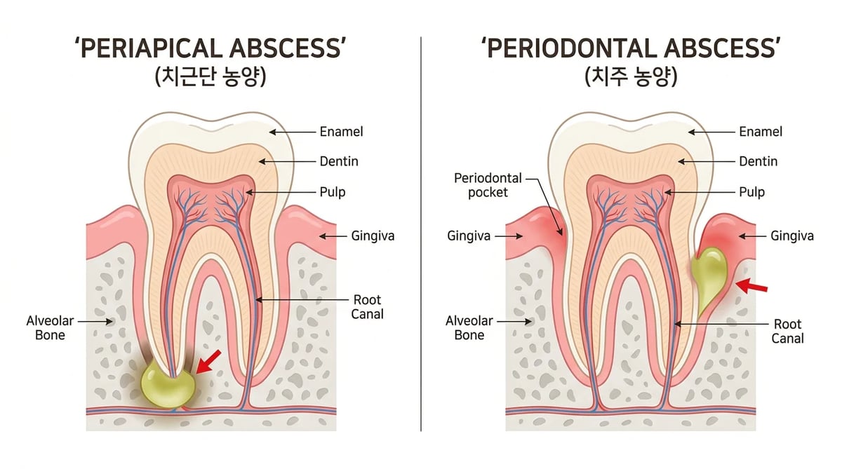 치근단 농양과 치주 농양의 발생 부위 비교 해부학적 인포그래픽