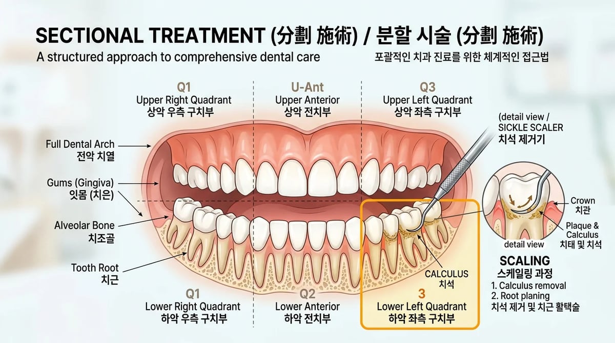 전체 치아를 여러 부분으로 나누어 치료하는 치주 스케일링 분할 시술 방식