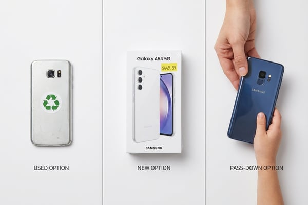 중고폰, 새 제품 박스, 부모 폰 물려주기 세 가지 선택지를 비교하는 플랫레이