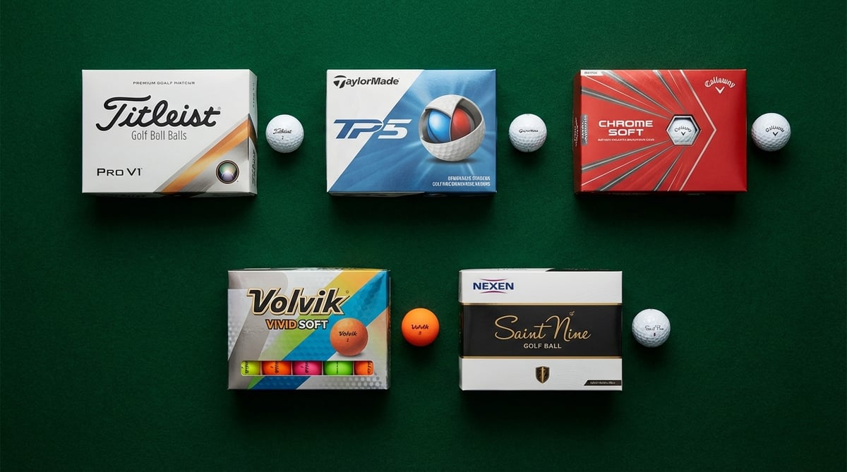 다크 그린 펠트 위에 정렬된 5종 골프공 박스와 골프공. 타이틀리스트 Pro V1, 테일러메이드 TP5, 캘러웨이 크롬소프트, 볼빅 비비드 소프트, 넥센 세인트나인.