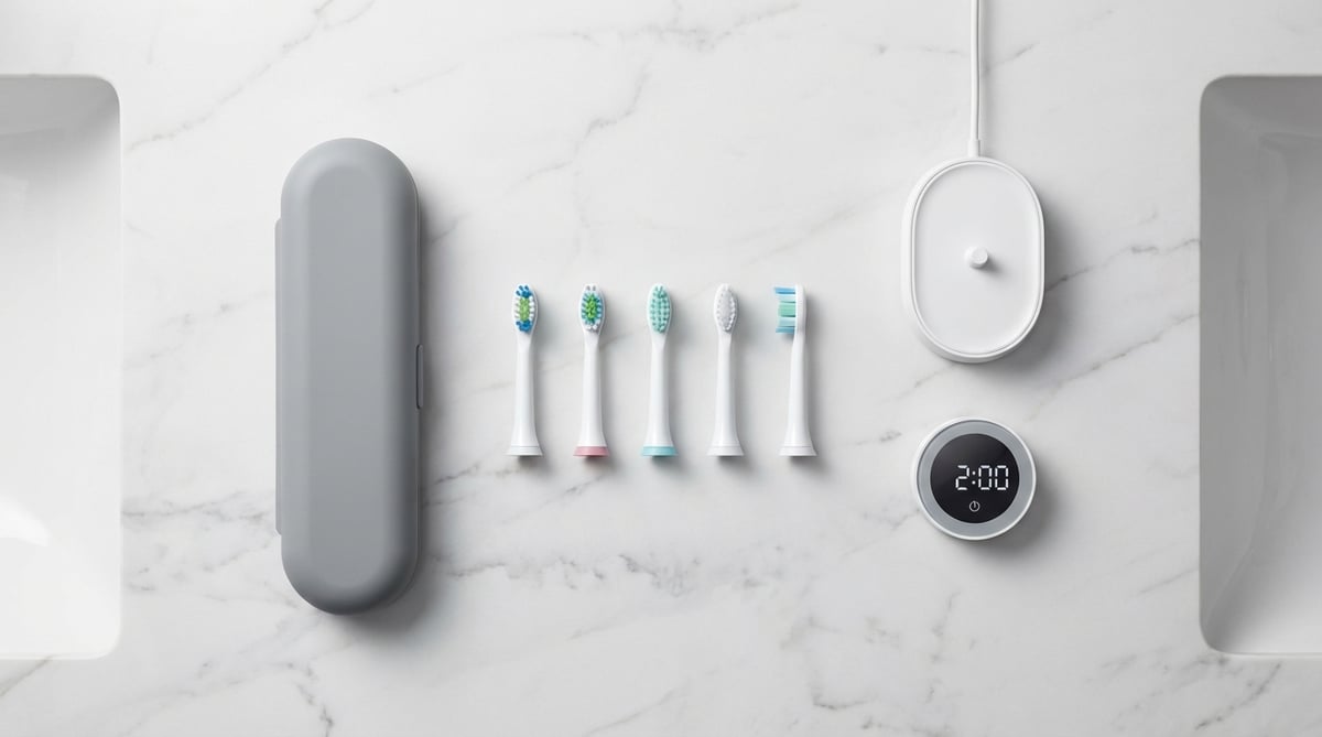전동칫솔 액세서리 플랫레이 사진 — 교체 브러시 헤드, 여행용 케이스, 무선 충전 스테이션이 욕실 카운터에 정렬