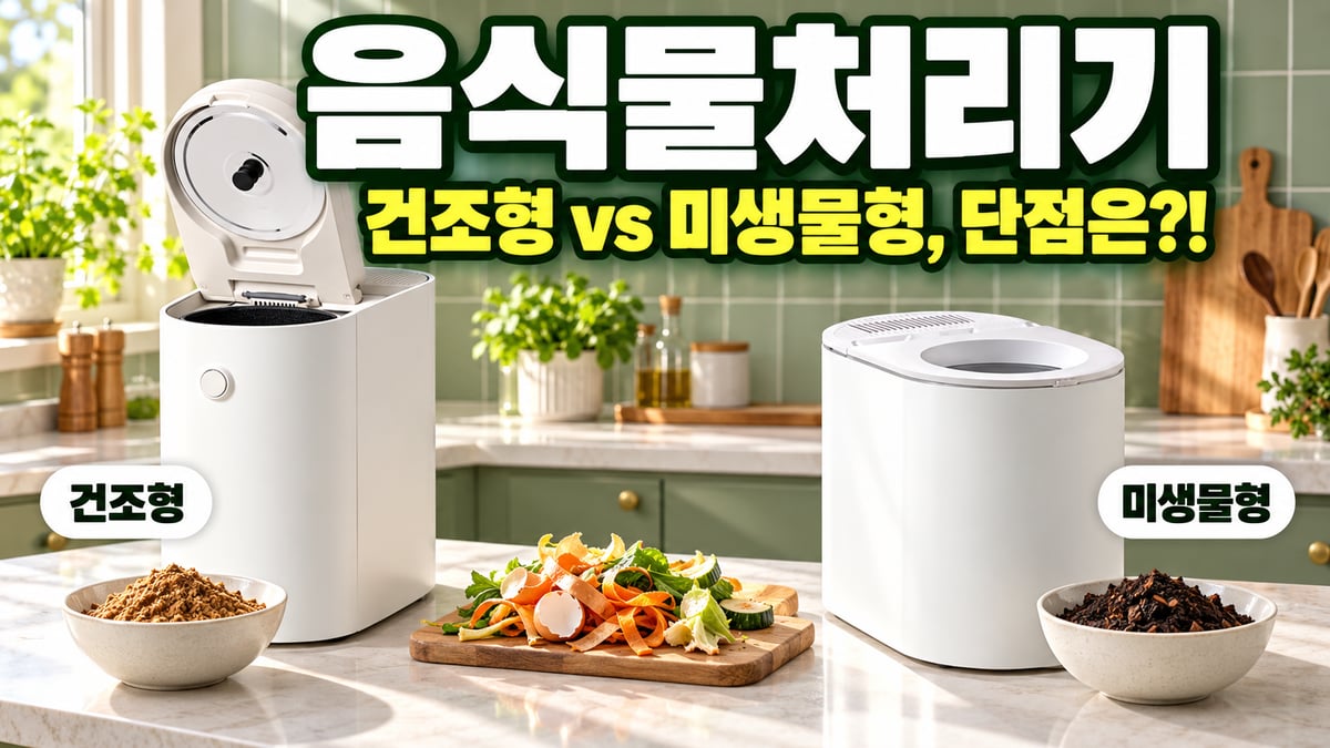주방 카운터 위 건조형과 미생물형 음식물처리기와 처리 결과물 비교