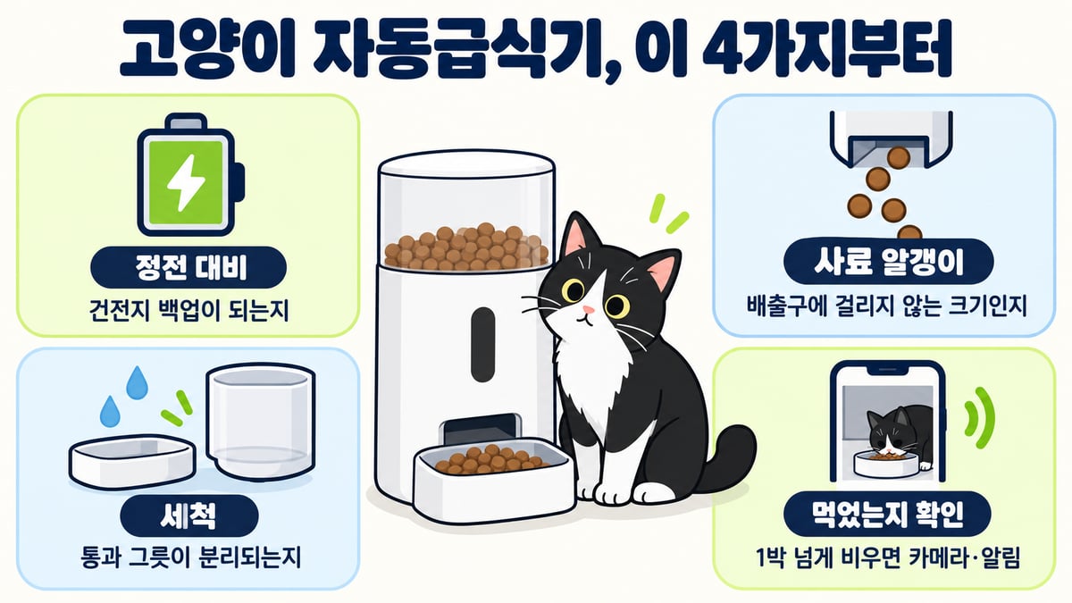 고양이 자동급식기 고를 때 볼 4가지: 정전 대비(건전지 백업이 되는지), 사료 알갱이(배출구에 걸리지 않는 크기인지), 세척(통과 그릇이 분리되는지), 먹었는지 확인(1박 넘게 비우면 카메라·알림)