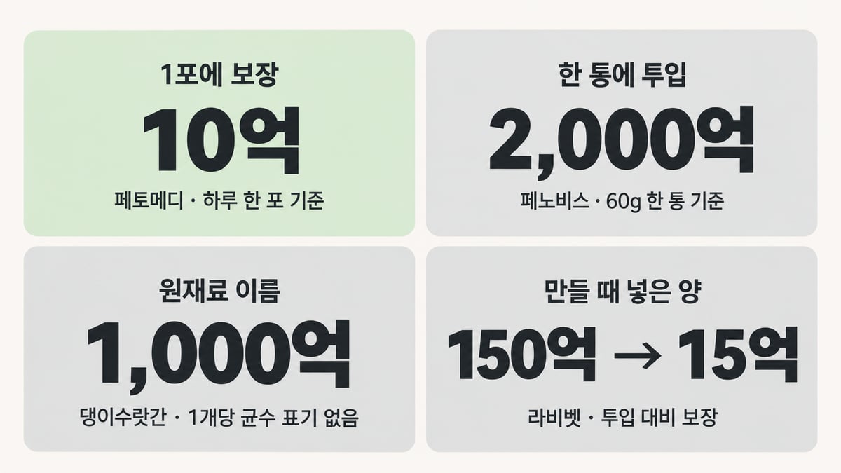 강아지 유산균 숫자의 네 가지 기준: 페토메디 1포에 보장 10억, 페노비스 60g 한 통에 투입 2,000억, 댕이수랏간 원재료 이름 1,000억(1개당 균수 표기 없음), 라비벳 투입 150억에서 보장 15억