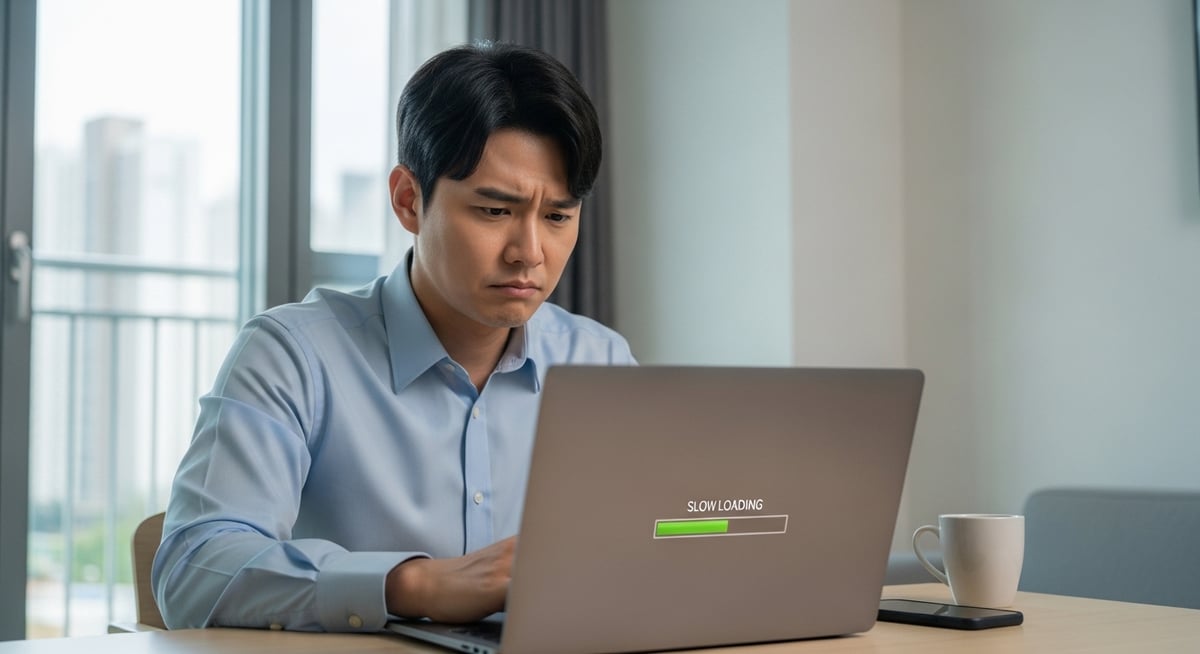 30대 한국인 남성이 느리게 로딩되는 노트북 화면을 씁쓸한 표정으로 바라보는 모습