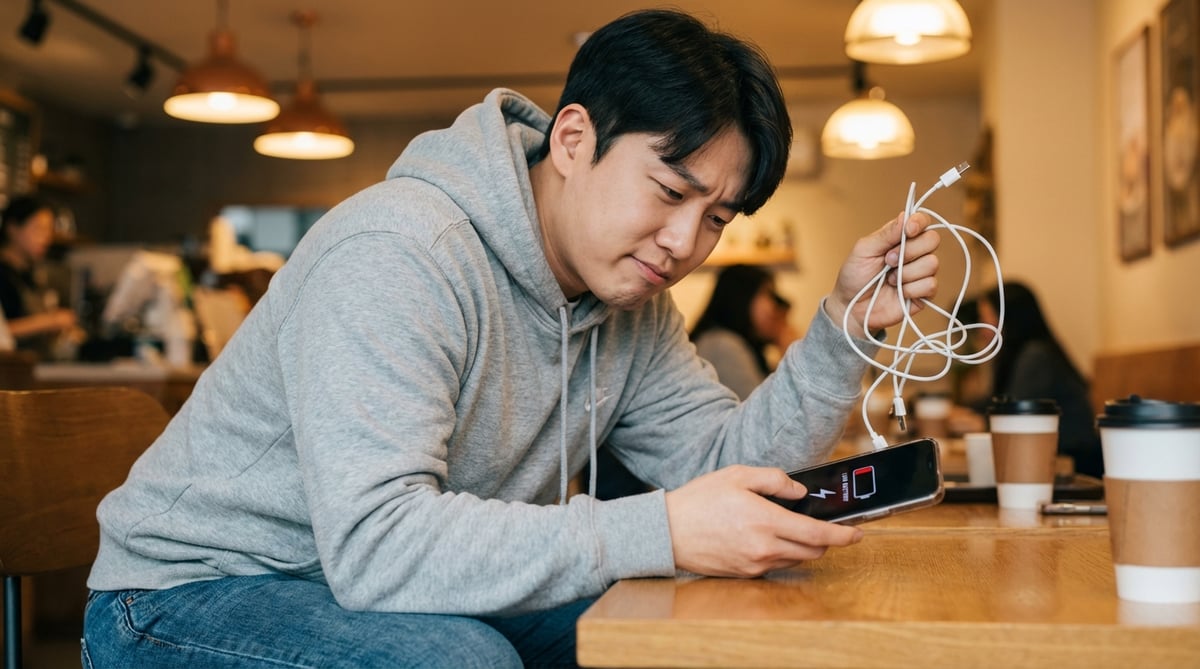 카페에서 방전된 스마트폰을 보며 좌절하는 20대 한국 남성