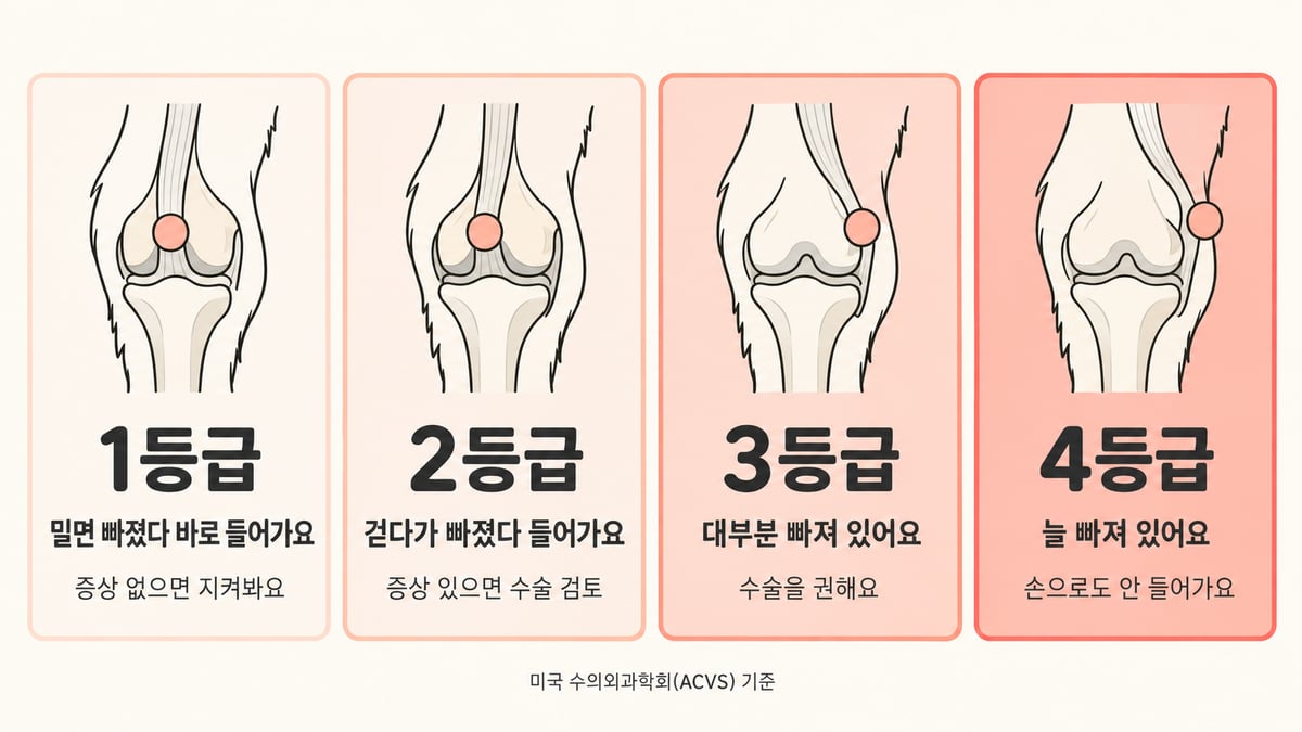 강아지 슬개골 탈구 1~4등급: 1등급 밀면 빠졌다 바로 들어감·증상 없으면 관찰, 2등급 걷다가 빠졌다 들어감·증상 있으면 수술 검토, 3등급 대부분 빠져 있음·수술 권장, 4등급 늘 빠져 있음