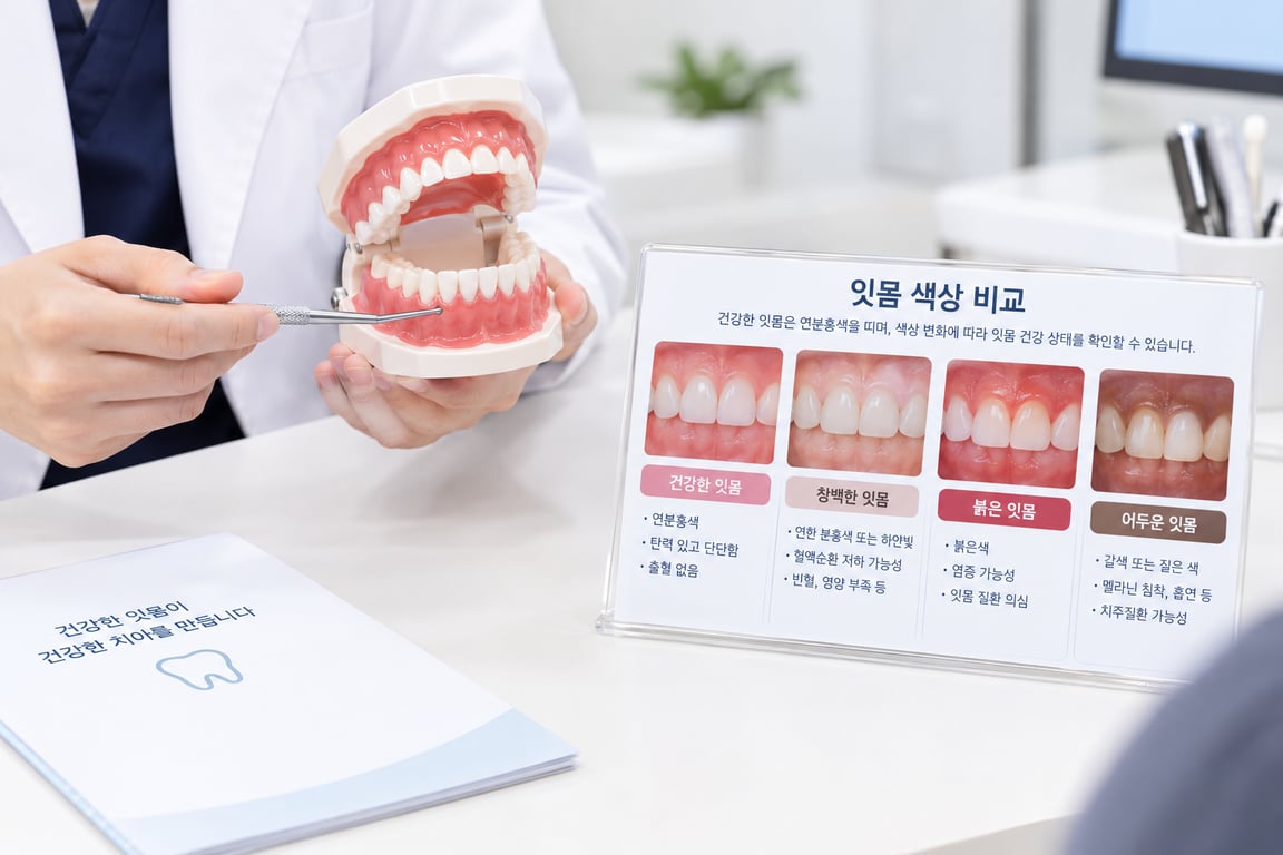 치과의사가 치아 모형을 가리키며 건강한 잇몸, 창백한 잇몸, 붉은 잇몸, 어두운 잇몸 등 색상별 건강 상태 비교 안내판을 설명하는 모습