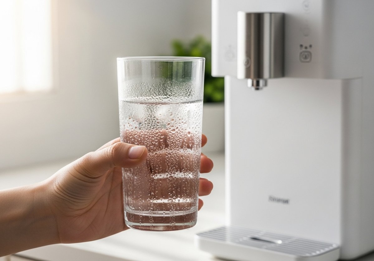 맑은 물이 담긴 유리잔을 손에 들고 있는 모습, 배경에 슬릭한 화이트 정수기가 부드럽게 보케 처리