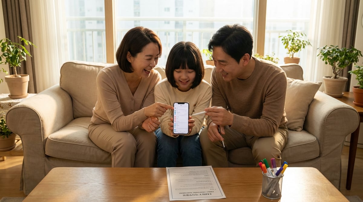 첫 스마트폰을 들고 기뻐하는 딸과 사용 규칙 종이를 보며 웃는 부모