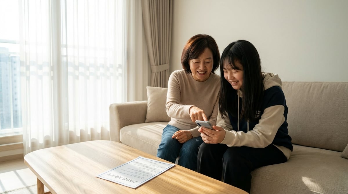 새 스마트폰 사용 규칙을 함께 정하며 웃고 있는 엄마와 중학생 딸