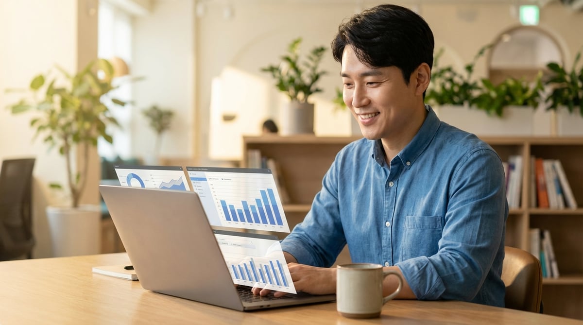 30대 한국인 남성이 여러 창을 동시에 열어놓고 쾌적하게 노트북을 사용하는 모습