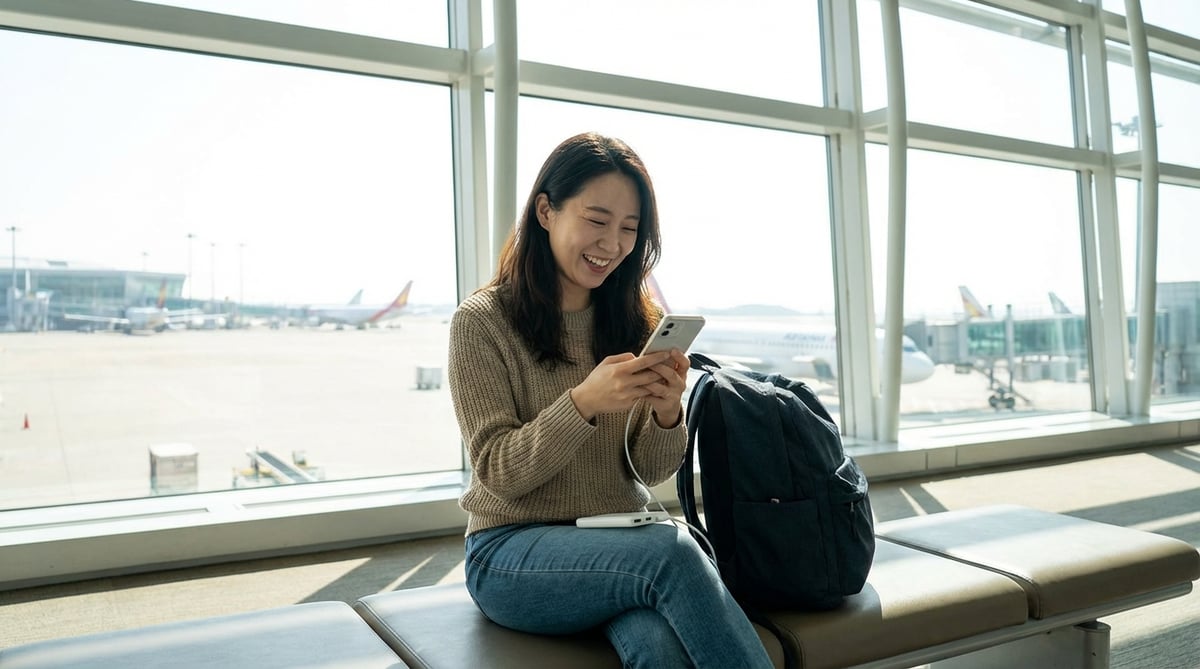 공항 게이트에서 보조배터리로 폰을 충전하며 미소 짓는 30대 한국 여성 여행자