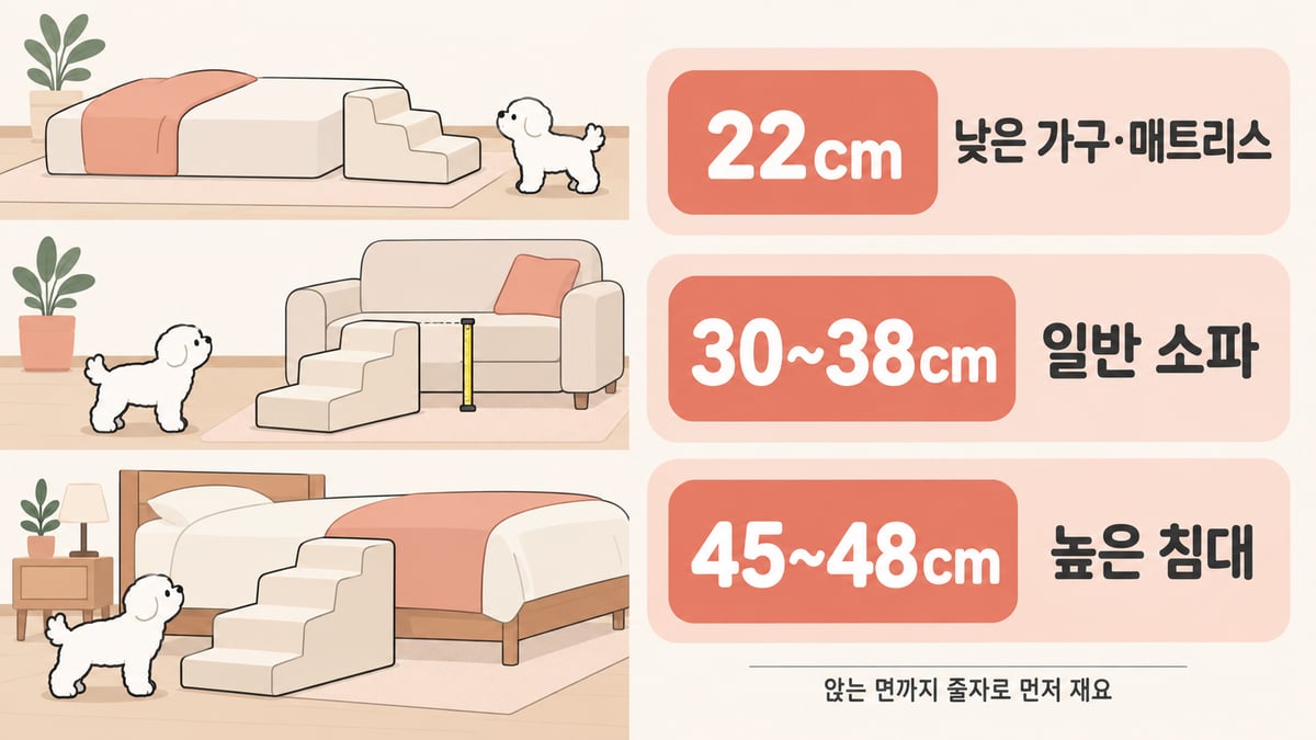 강아지 계단 맨 위 높이로 고르기: 22cm 낮은 가구·매트리스, 30~38cm 일반 소파, 45~48cm 높은 침대, 앉는 면까지 줄자로 먼저 재기