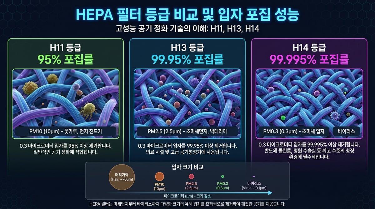 HEPA 필터 등급별 입자 포집 효율을 비교하는 인포그래픽, H10부터 U17까지 등급별 포집률과 입자 크기 기준을 시각화
