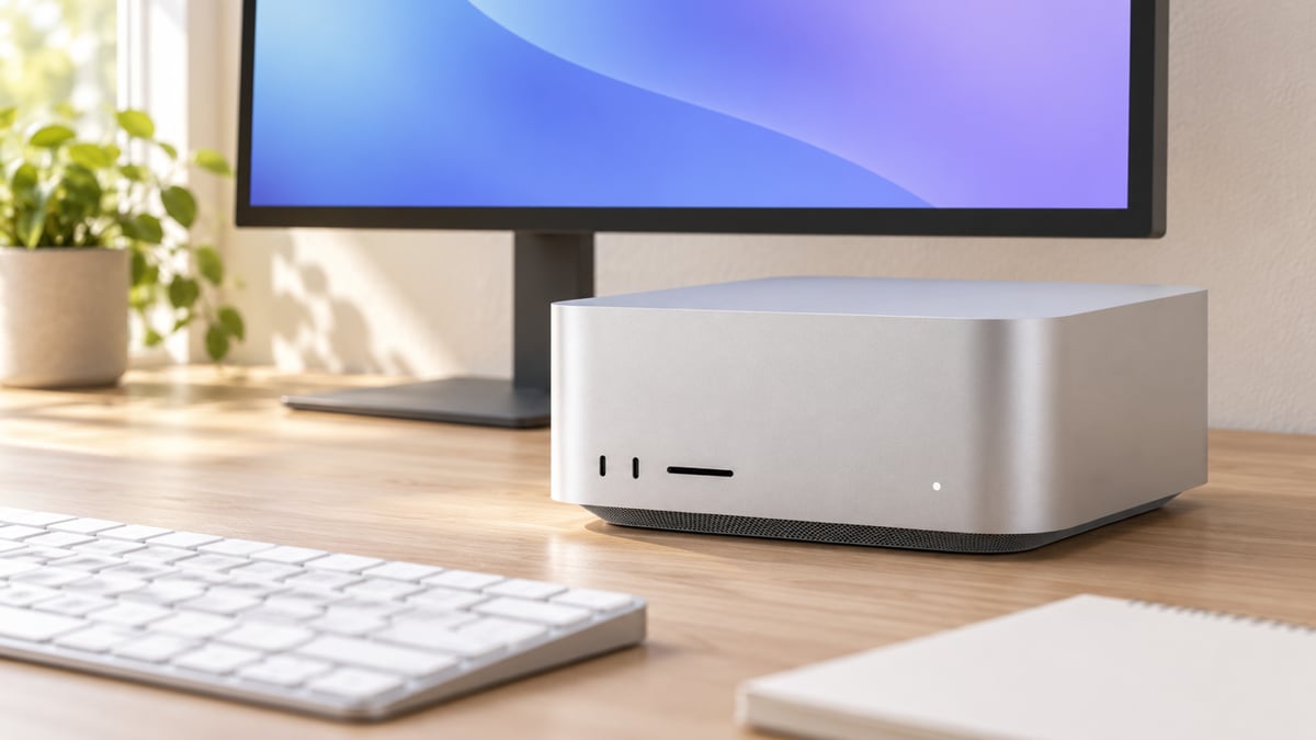원목 책상 위 모니터 앞에 놓인 은색 맥 스튜디오, 앞면에 USB-C 단자 두 개와 SD 카드 슬롯이 보이고 앞쪽에 흰 키보드와 노트가 흐리게 보이는 작업 책상