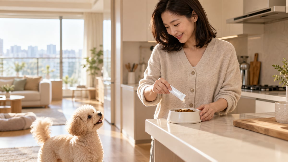 아파트 주방에서 40대 여성이 강아지 사료 그릇에 유산균 가루 스틱을 뿌리고 토이푸들이 올려다보는 모습