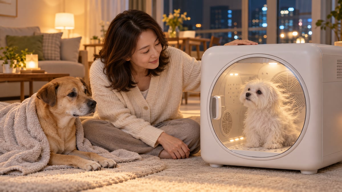 거실 바닥에 앉은 여성이 펫드라이룸 안에서 털을 말리는 흰 말티즈를 지켜보고, 옆에 수건을 두른 중형 믹스견이 기다리는 모습