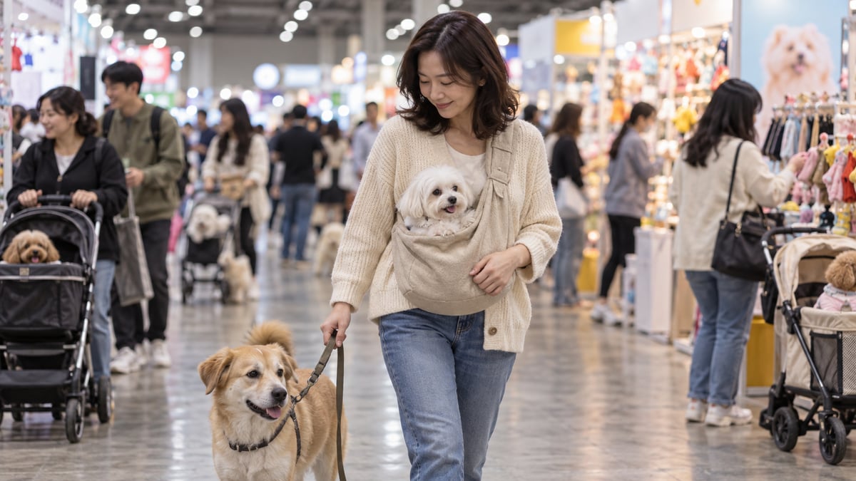 펫페어 전시장 통로에서 슬링에 말티즈를 안고 믹스견을 목줄로 데리고 걷는 보호자, 주변에 강아지 유모차를 끄는 관람객들