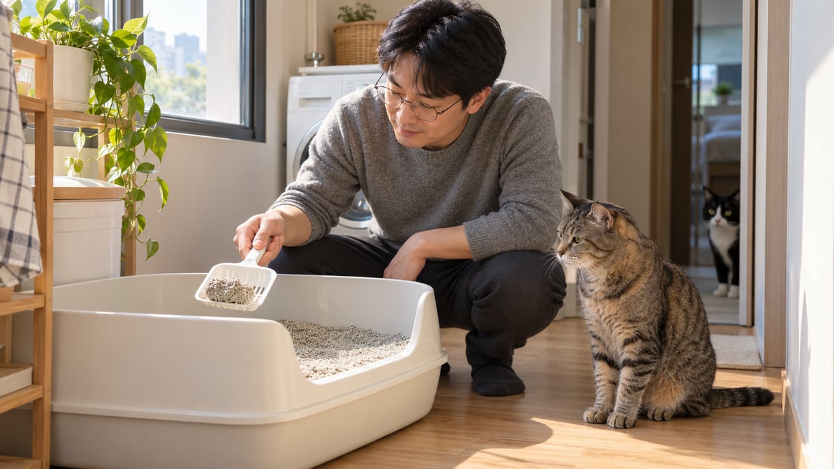 30대 남성 집사가 고양이 화장실에서 굳은 모래 덩어리를 모래삽으로 떠 올리고 옆에서 노묘 고등어 태비가 지켜보는 모습
