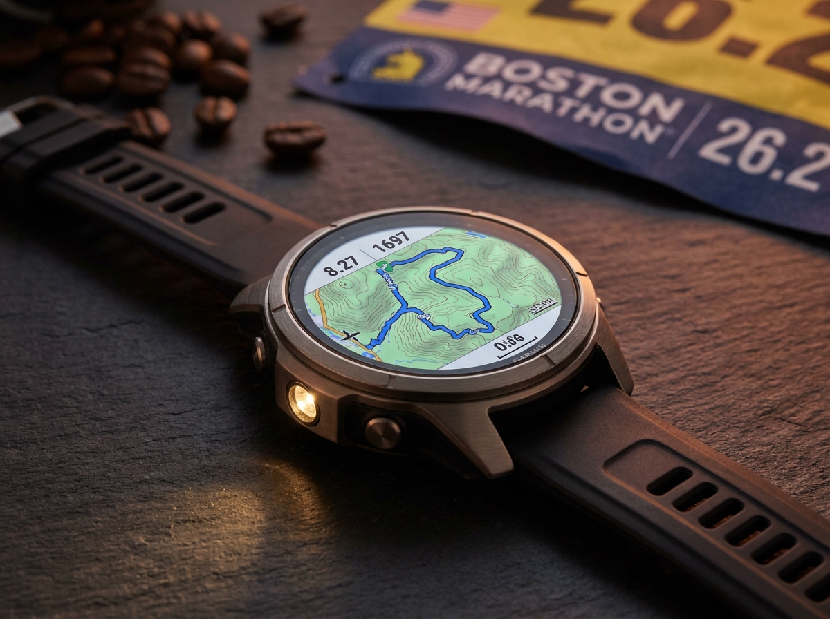 가민 포러너 970 플래그십 러닝 워치. 47mm 티타늄 베젤, 1.4인치 AMOLED에 지도와 GPS 경로 표시. 다크 슬레이트 서피스에 무디한 조명.