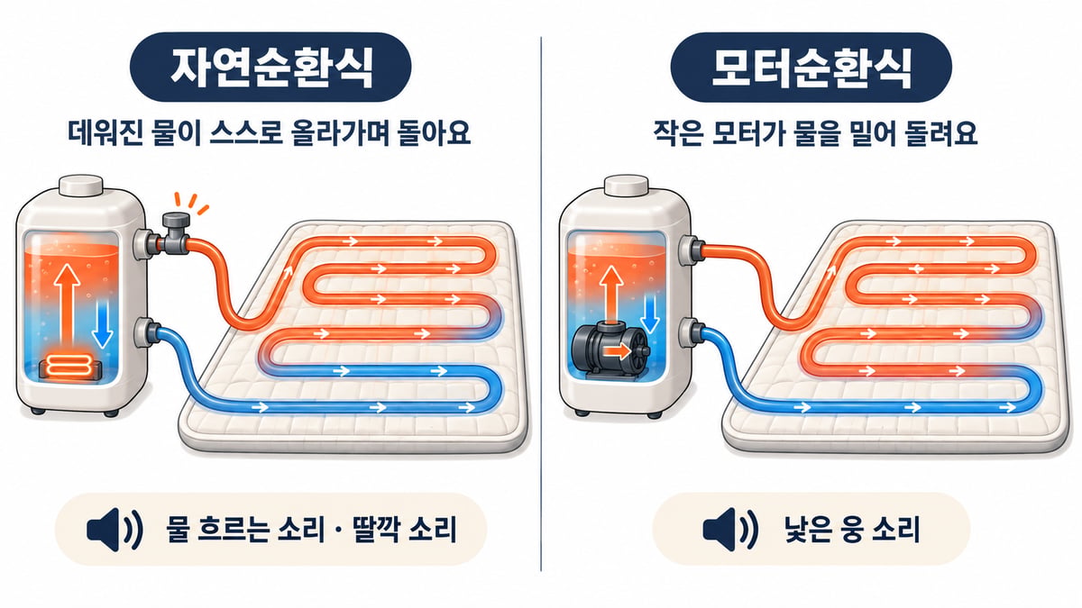 온수매트 보일러의 자연순환식과 모터순환식 비교 그림. 자연순환식은 데워진 물이 스스로 올라가며 돌고 물 흐르는 소리와 딸깍 소리가 나며, 모터순환식은 작은 모터가 물을 밀어 돌리고 낮은 웅 소리가 난다