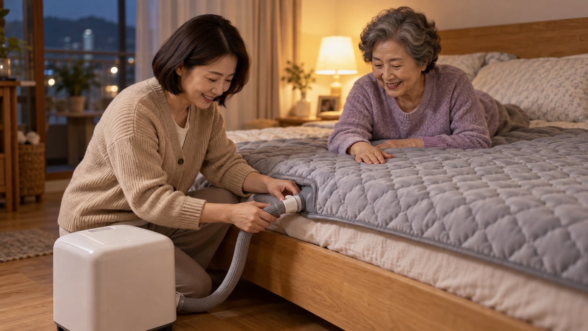 저녁 침실에서 40대 딸이 온수매트 호스 연결부를 확인하고 60대 어머니가 매트를 만져 보며 웃는 모습