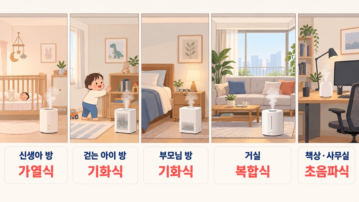 방별 가습기 종류 추천 그림. 신생아 방은 가열식, 걷는 아이 방은 기화식, 부모님 방은 기화식, 거실은 복합식, 책상과 사무실은 초음파식