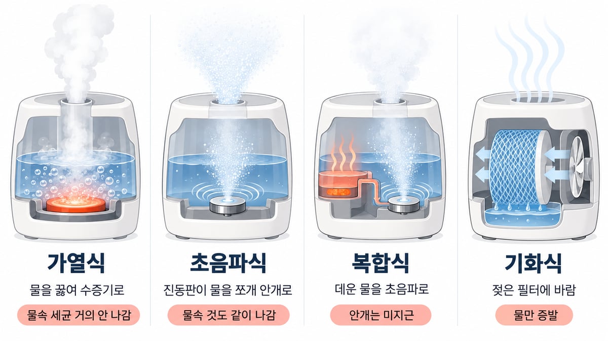 가습기 종류별 원리 그림. 가열식은 물을 끓여 수증기로 내보내 물속 세균이 거의 안 나가고, 초음파식은 진동판이 물을 쪼개 안개로 내보내 물속 것도 같이 나가며, 복합식은 데운 물을 초음파로 내보내 안개가 미지근하고, 기화식은 젖은 필터에 바람을 불어 물만 증발시킨다