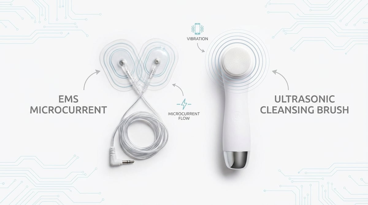 EMS 전극 패드와 초음파 클렌저 기술 도식 플랫레이