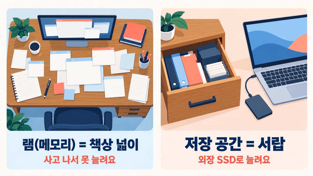 램은 책상 넓이로 사고 나서 못 늘리고 저장 공간은 서랍으로 외장 SSD로 늘릴 수 있음을 비교한 도해