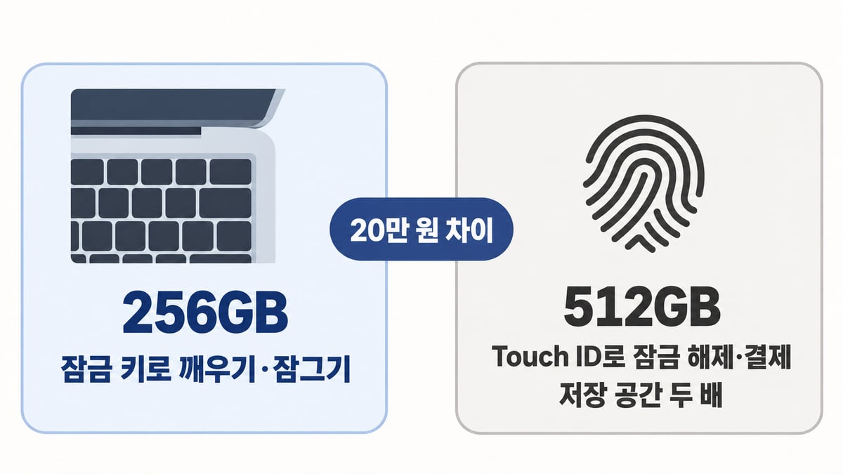 256GB는 지문 센서 없이 잠금 키로 맥을 깨우고 잠그며, 512GB는 Touch ID로 잠금 해제와 결제를 하고 저장 공간이 두 배라는 비교 도해