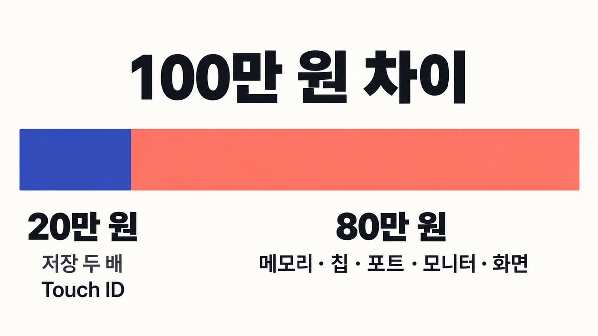 맥북 네오와 에어 M5의 공식가 차이 100만 원 가운데 20만 원은 네오 512GB로 올릴 때의 저장 공간과 지문 인식 값이고 80만 원은 메모리·칩·포트·외장 모니터·화면 차이라는 분해 도해