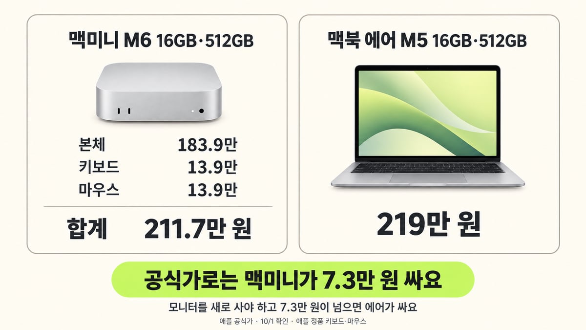 맥미니 M6 16GB·512GB 공식가 183.9만 원에 애플 매직 키보드 13.9만 원과 매직 마우스 13.9만 원을 더한 211.7만 원을 맥북 에어 M5 13인치 16GB·512GB 공식가 219만 원과 비교한 도해