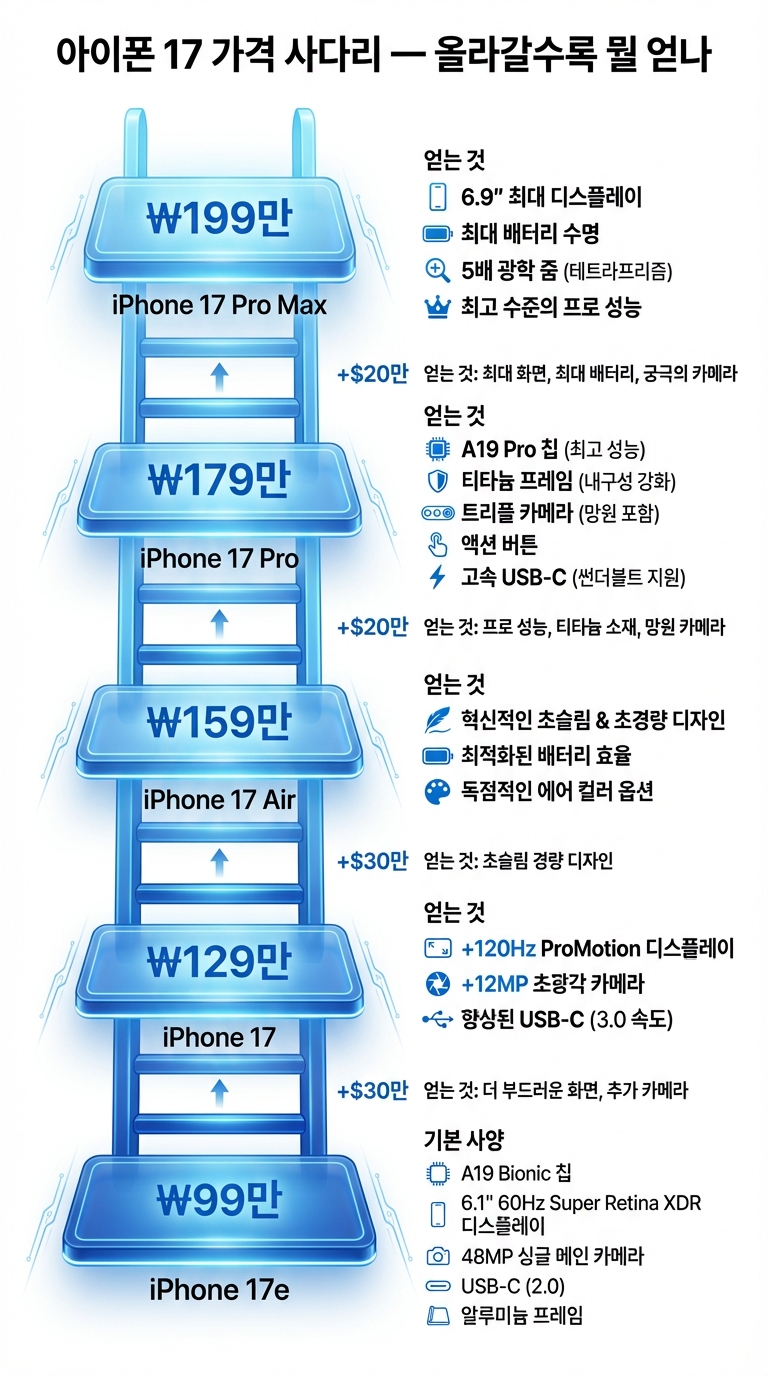 아이폰 17 시리즈 5종의 가격 사다리 인포그래픽 — 99만 원부터 199만 원까지 단계별 가격과 핵심 차이가 시각화된 차트