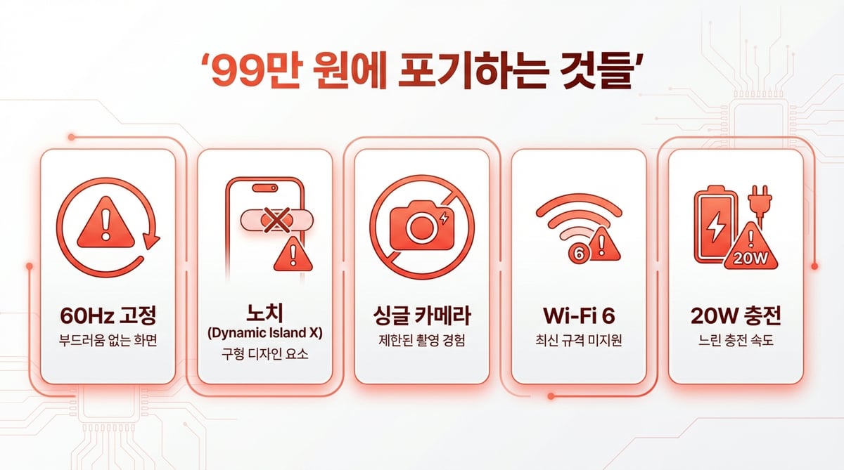 아이폰 17e 약점 요약 인포그래픽 — 60Hz, 노치, 싱글카메라, Wi-Fi 6, 20W 충전이 경고 색상으로 표시된 시각 자료