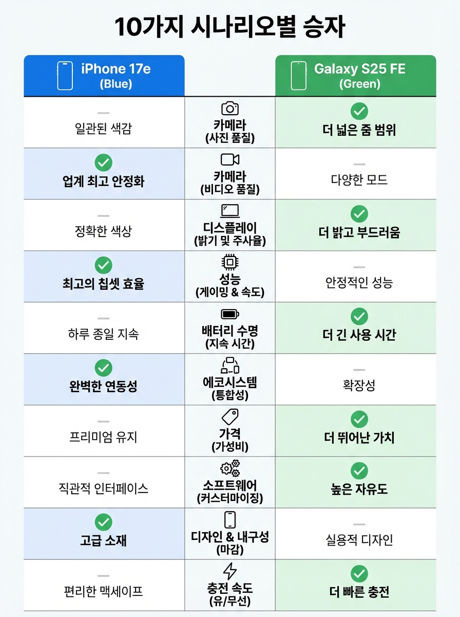 아이폰 17e와 갤럭시 S25 FE의 상황별 추천 가이드 — 생태계, 카메라, 가성비 기준 선택 플로우차트