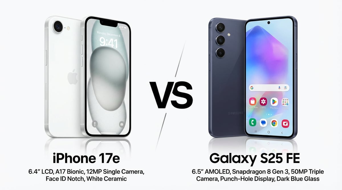 아이폰 17e vs 갤럭시 S25 FE 핵심 스펙 비교 인포그래픽 — 디스플레이 60Hz vs 120Hz, 카메라 싱글 vs 트리플, 배터리 4005mAh vs 4900mAh