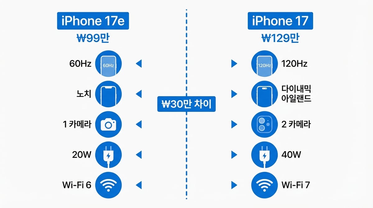 아이폰 17e와 아이폰 17의 핵심 차이점을 좌우로 비교하는 인포그래픽 — 60Hz vs 120Hz, 노치 vs Dynamic Island, 1카메라 vs 2카메라