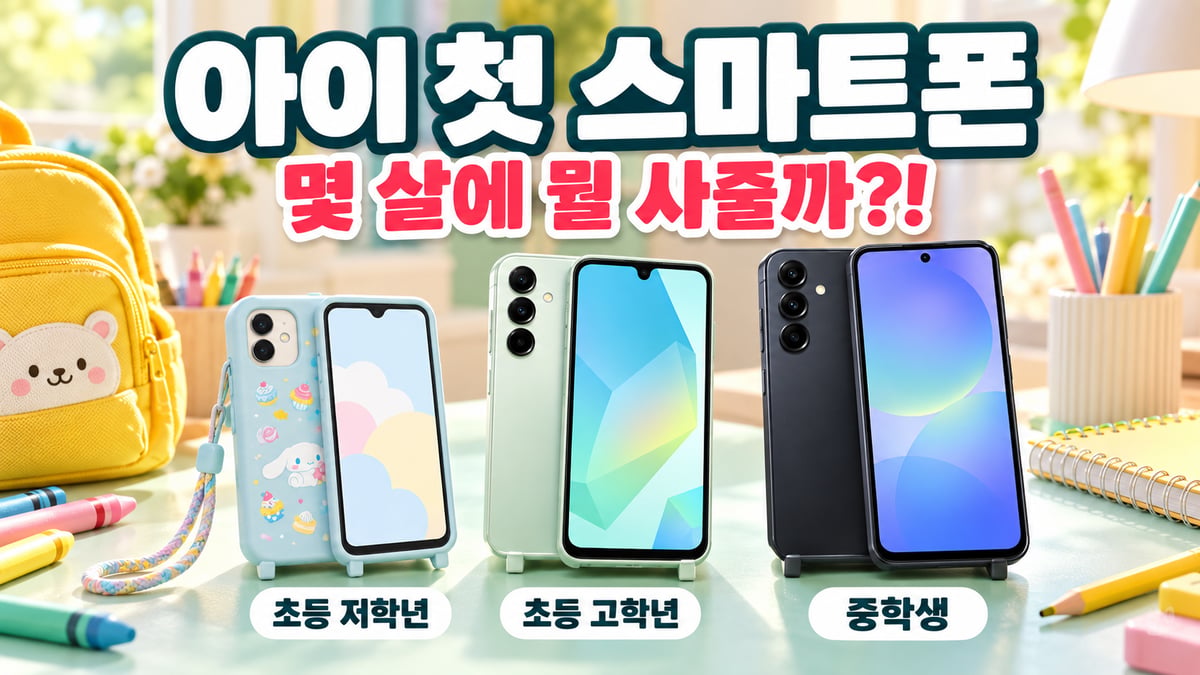 책상 위 키즈폰·갤럭시 A16·A36 — 초등 저학년·고학년·중학생 나이별 첫 스마트폰