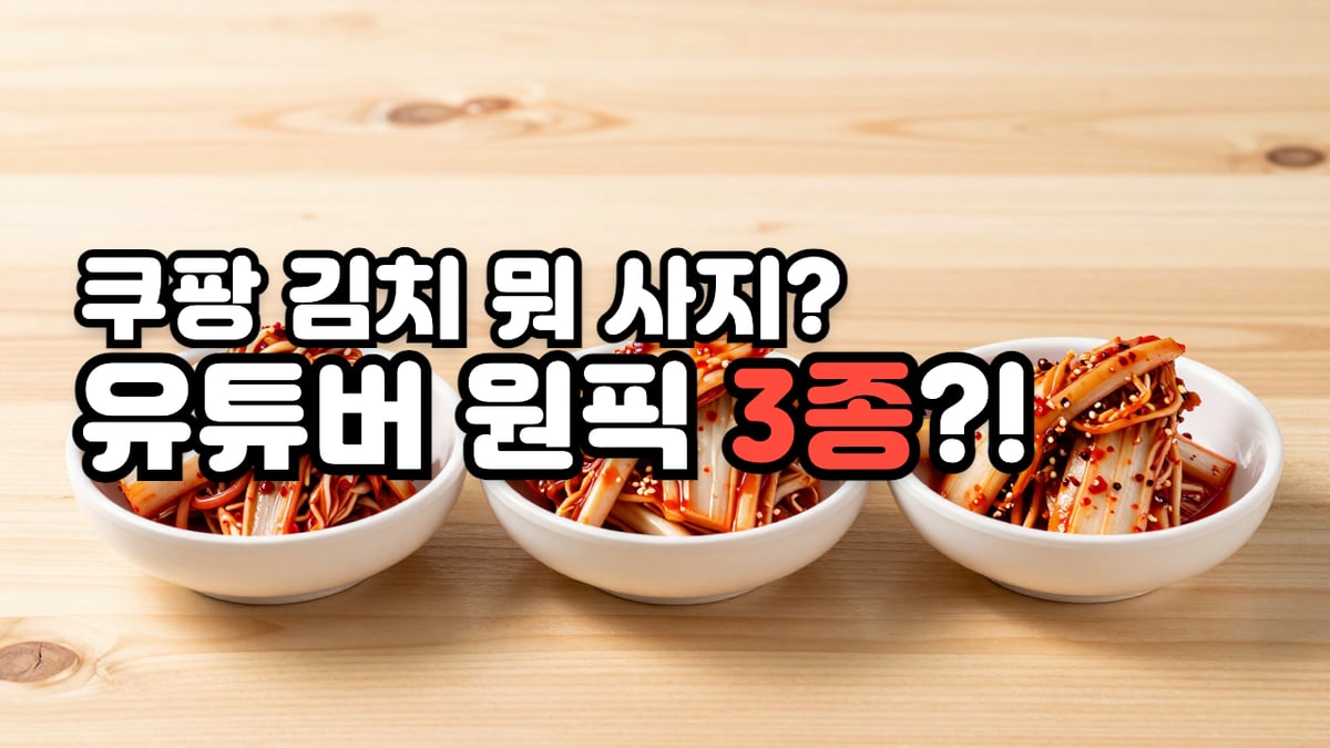 김치통에 담긴 포기김치 위에 쿠팡 김치 뭐 사지, 유튜버 원픽 3종이라는 글자