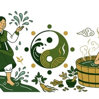 두 명의 사람이 한의학 8체질 목욕법을 안내하는 그림