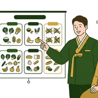 한의사가 환자에게 체질별 유익/해로운 음식 목록을 보여주며 설명하고 있다.