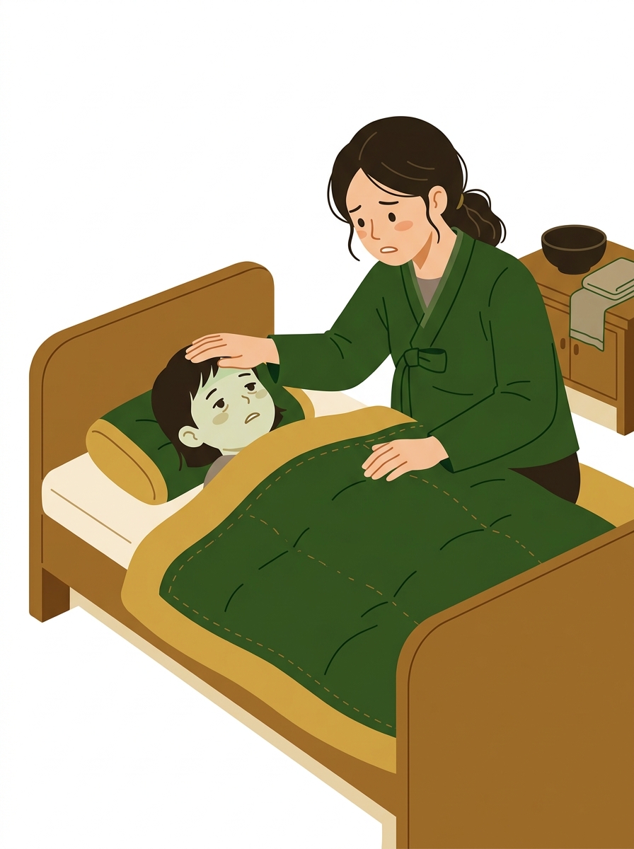 아픈 아이가 침대에 누워 있고, 부모가 걱정스러운 표정으로 옆을 지키는 모습.