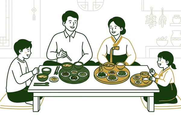 가족이 함께 식탁에 앉아 각자의 체질에 맞는 음식을 따로 먹는 모습.