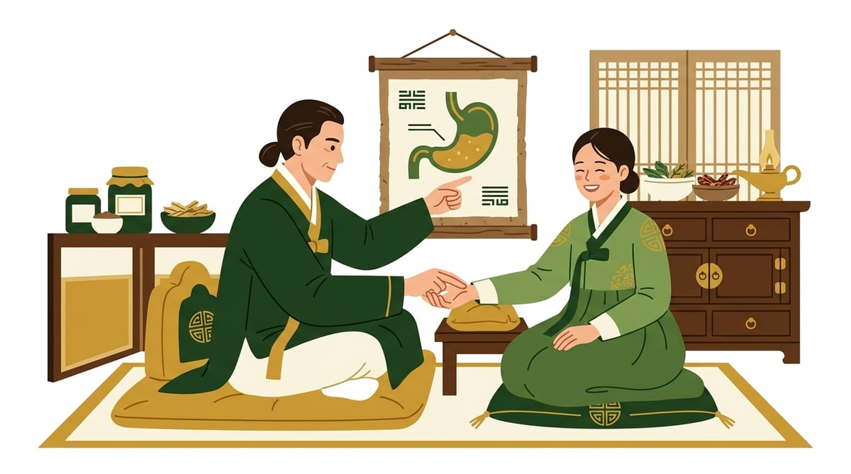 한의사가 환자의 손목을 짚고 맥을 보며 위장 그림을 가리키는 모습