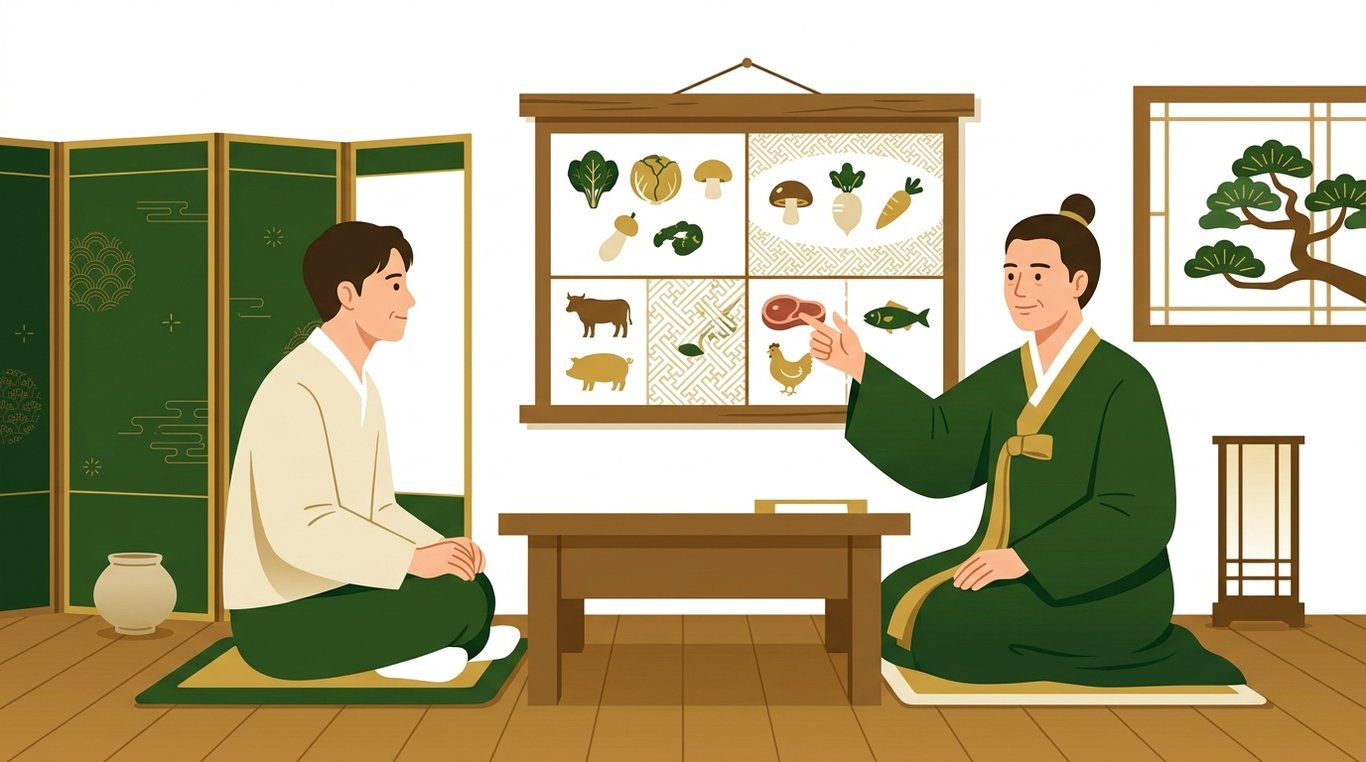 한의사와 환자가 앉아 있고, 한의사가 체질에 따른 식단 조언을 위해 채소와 고기 그림을 가리키는 모습.