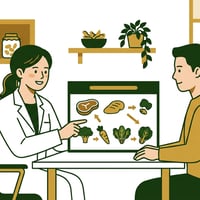 한의사가 앉아있는 환자에게 체질별 식단표를 보여주며 설명하고 있다. 다양한 채소와 고기가 배경에 어우러져 있다.